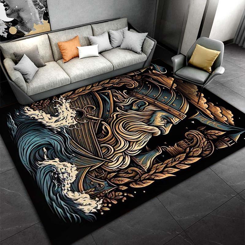 Viking Warrior Design Carpet with Ocean Waves and Nordic Style Pattern Suitable for use as an anti-slip for living room bedroom sofas
