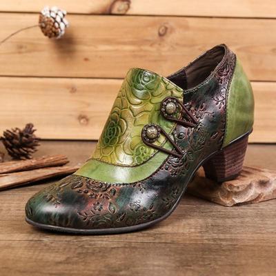 Genuine Leather Ethnic Style Pumps Women Shoes Round Toe Fashion Handmade Med Heels Ladies Shoes