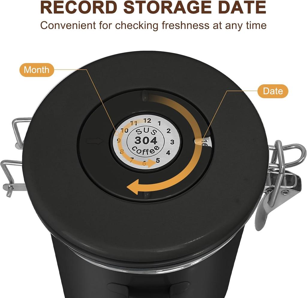 1.5L Airtight Vacuum Coffee Canister with Scoop, Stainless Steel Storage for Coffee Beans, Grounds, Tea, Sugar, Rice