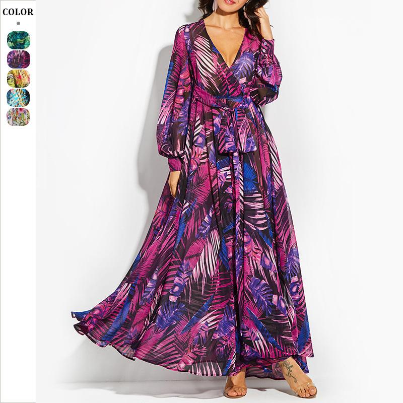 

Women s Long Sleeve Wrap Maxi Dress Floral Leaf Print Casual Elegant Purple Blue Pink S зелений