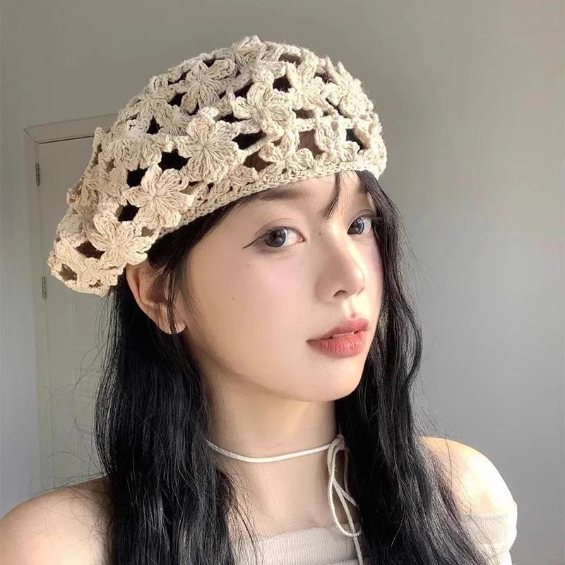 Japanese Retro Hollow Beret Women's Summer Thin Face Small Handmade Crochet Y2k Spice Girl Painter Hat