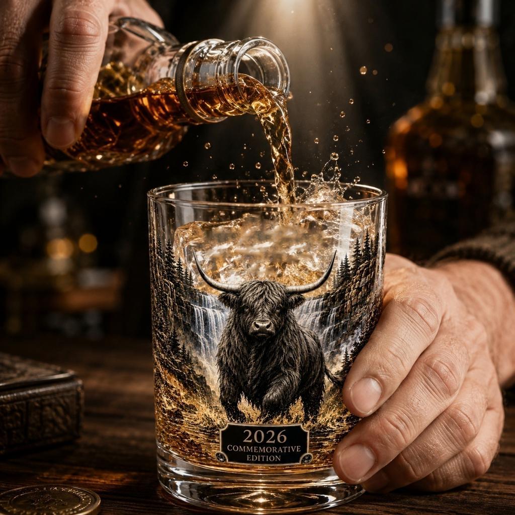 Highland Cattle Glass Whiskey Tumbler Commemorative Edition 2026 Durable Crystal Clear Glassware for Spirits and Cocktails