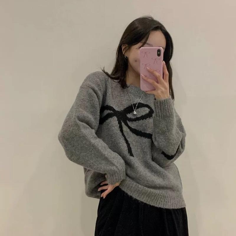 Elegant Korean O-neck Bow Tie Pattern Sweet Pullover Sweater Autumn Women Long Sleeve Casual Knitted Top Loose Fashion Winter Simple Knitwear