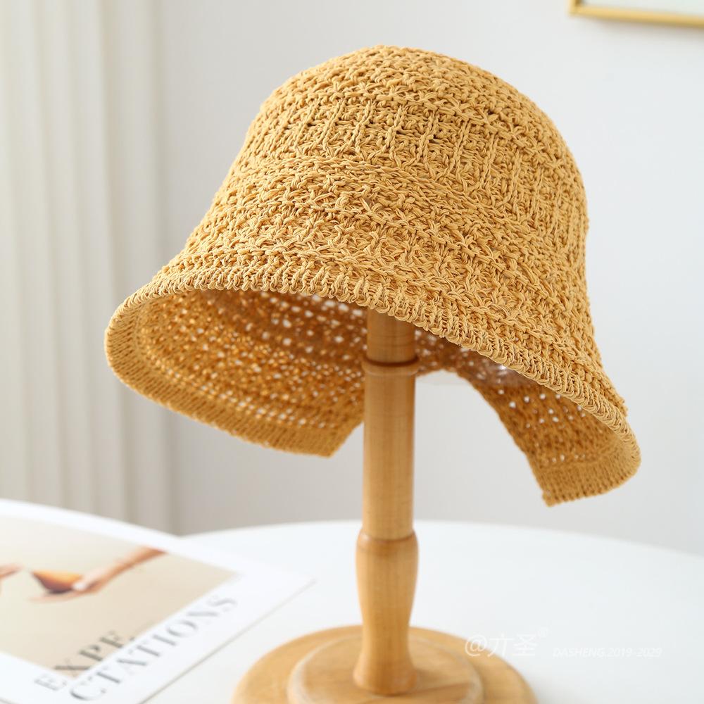 Women's Hollowed-Out Breathable Bucket Hat with Rolled Brim Solid Color Spring-Summer Face-Slimming Fisherman Hat