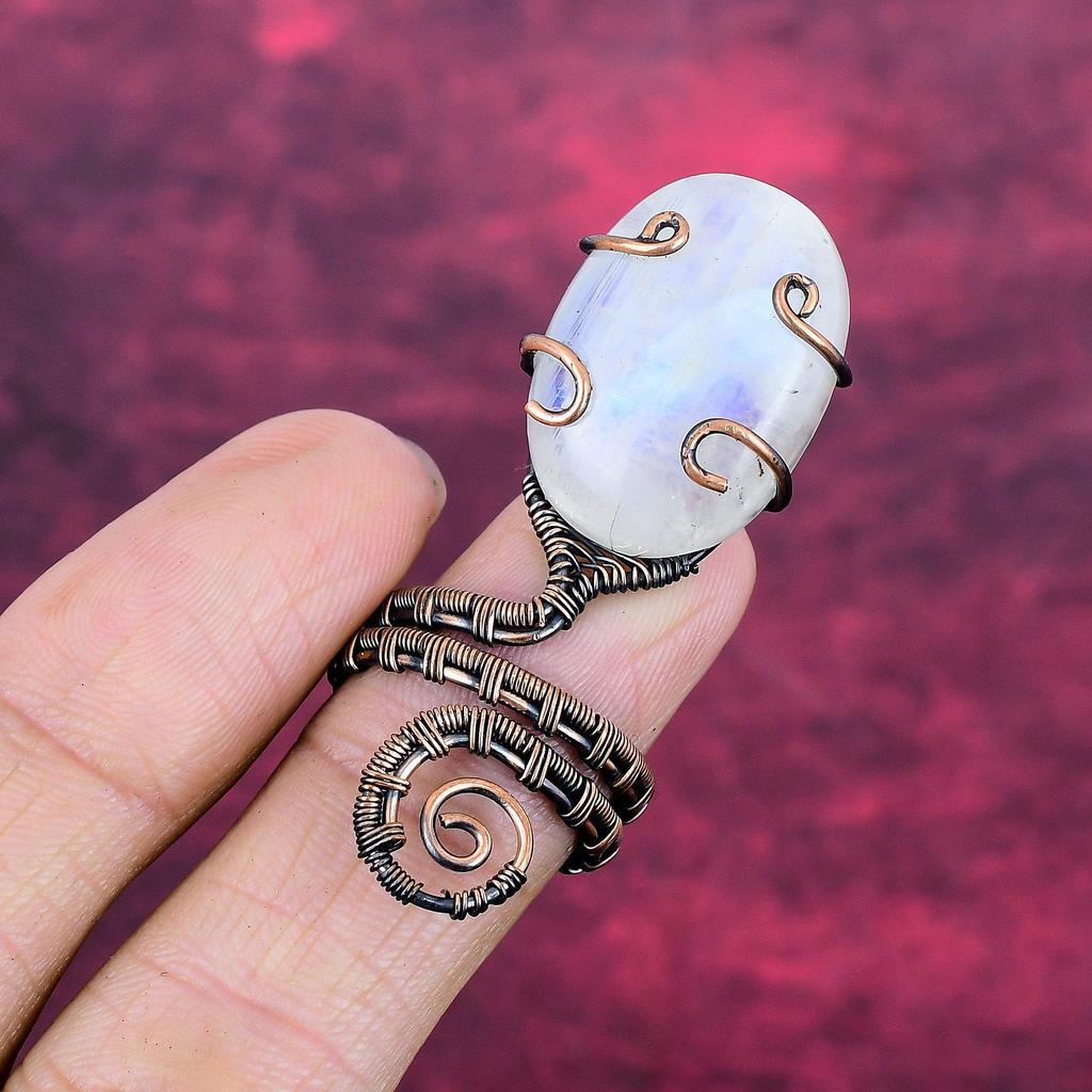 Rainbow Moonstone Ring Adjustable Ring Copper Wire Wrapped Real Gemstone Jewelry