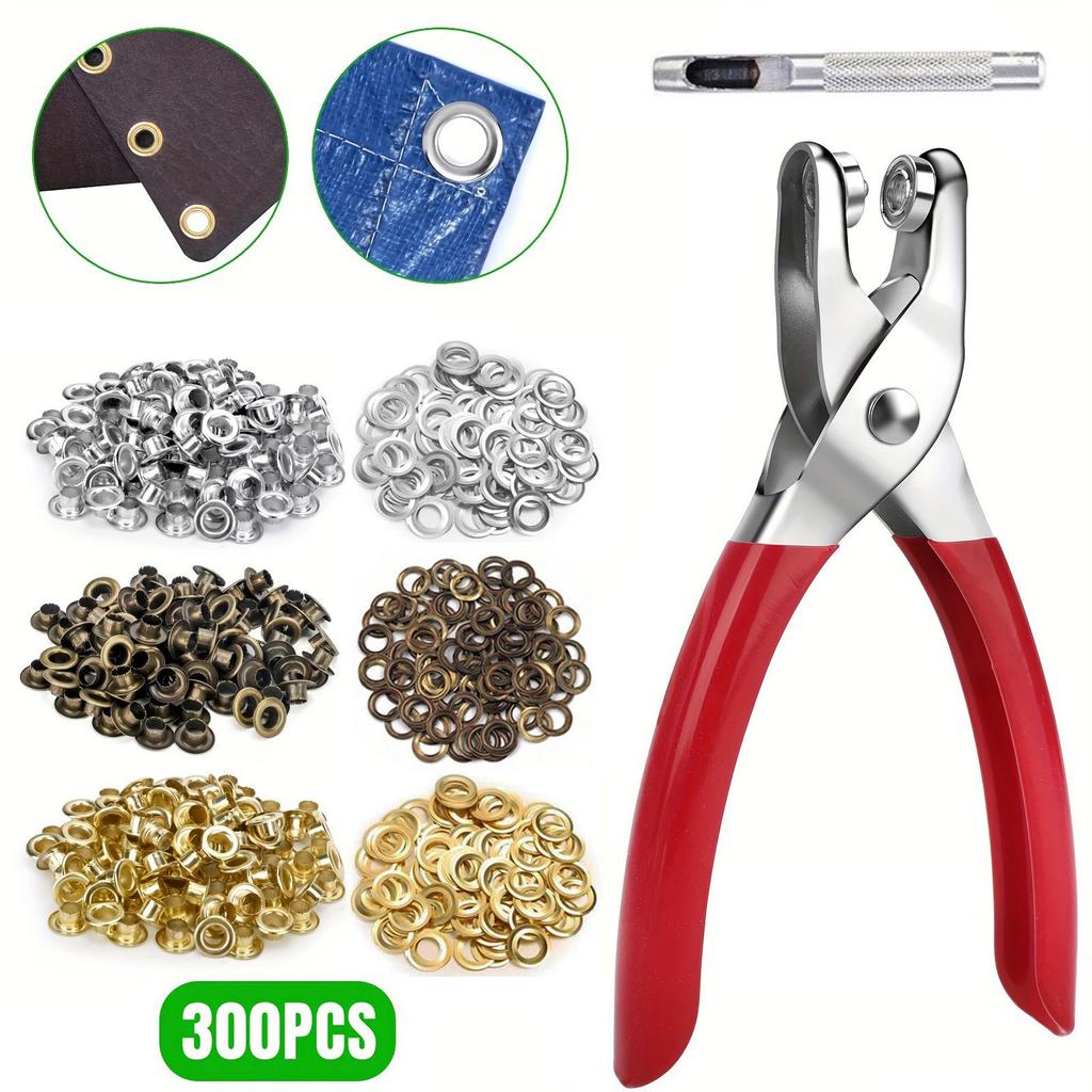 Ösen-Set mit Zange – 300 Sätze 3-farbige Ösen, mit Unterlegscheiben, + Lochzange + Anleitung, Komplettes Ösen-Set