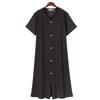 Plus Size Women's Retro Style Summer Dark Blue V-neck Single Breasted Simple Mid-Length Short Sleeve Dress Women Dress
