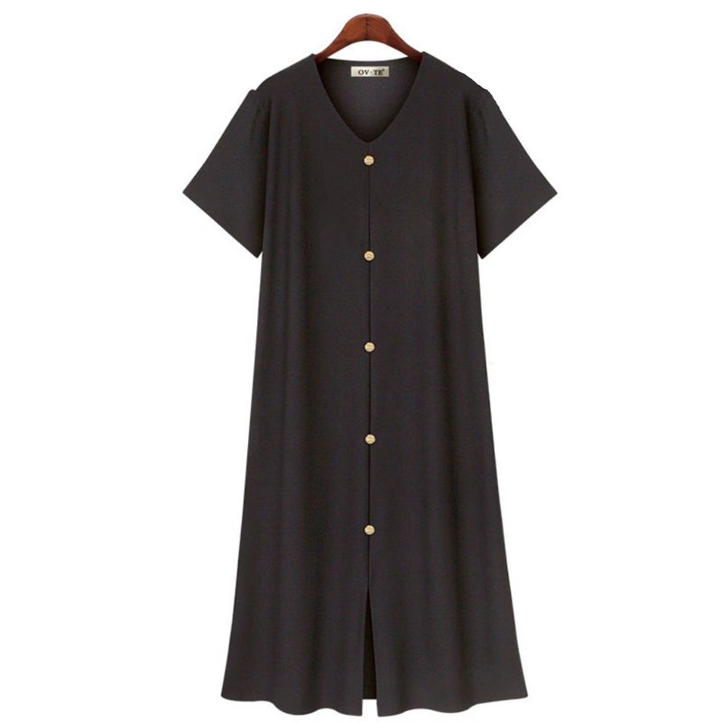 Plus Size Women's Retro Style Summer Dark Blue V-neck Single Breasted Simple Mid-Length Short Sleeve Dress Women Dress