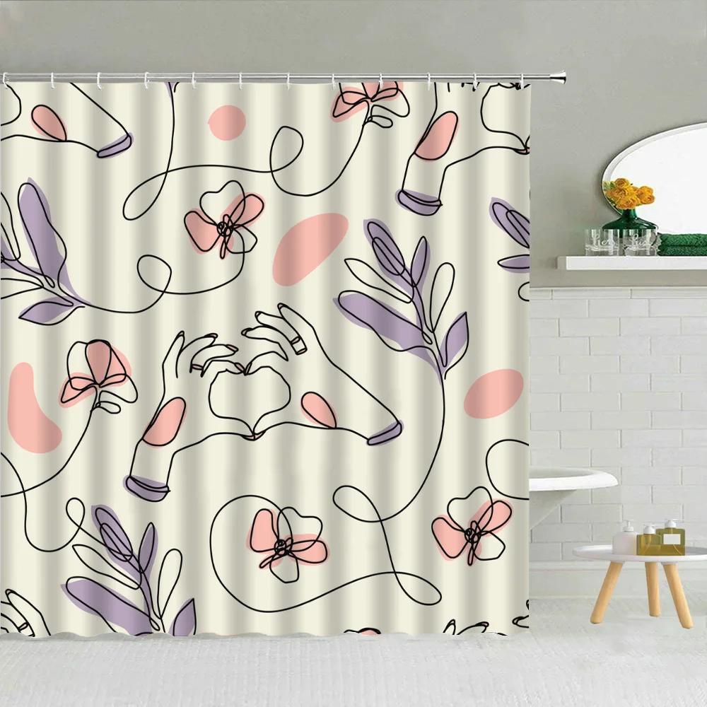 Line Art Shower Curtain for Bathroom Accessories Folding Partition Curtains Bath Bedrooms Houses Rooms Quarto Waterproof FaXT6