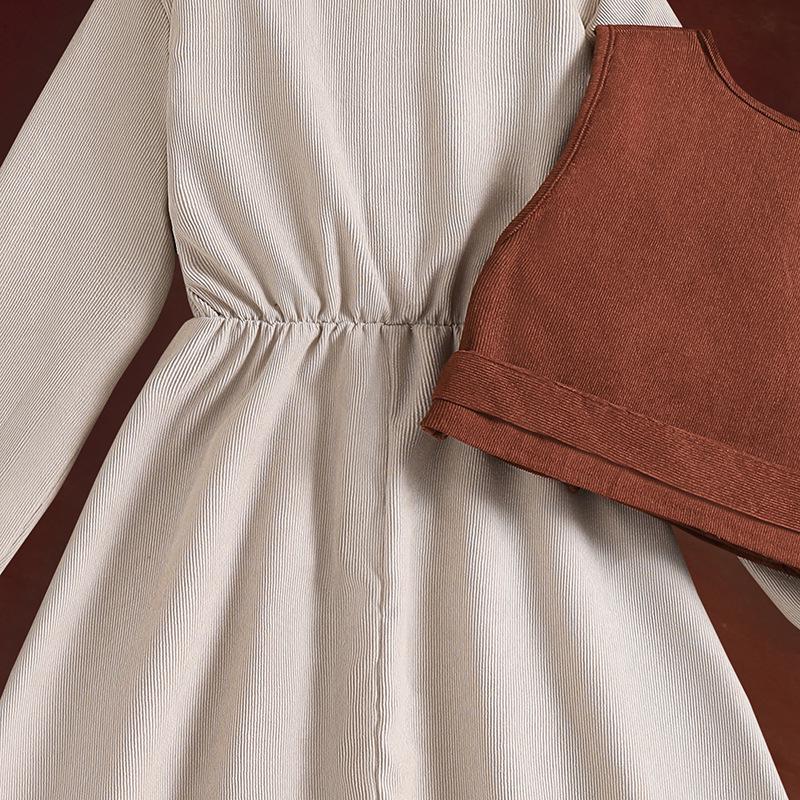 Girls' Retro Spring Suit: Belted Vest & Long-Sleeve Dress Set