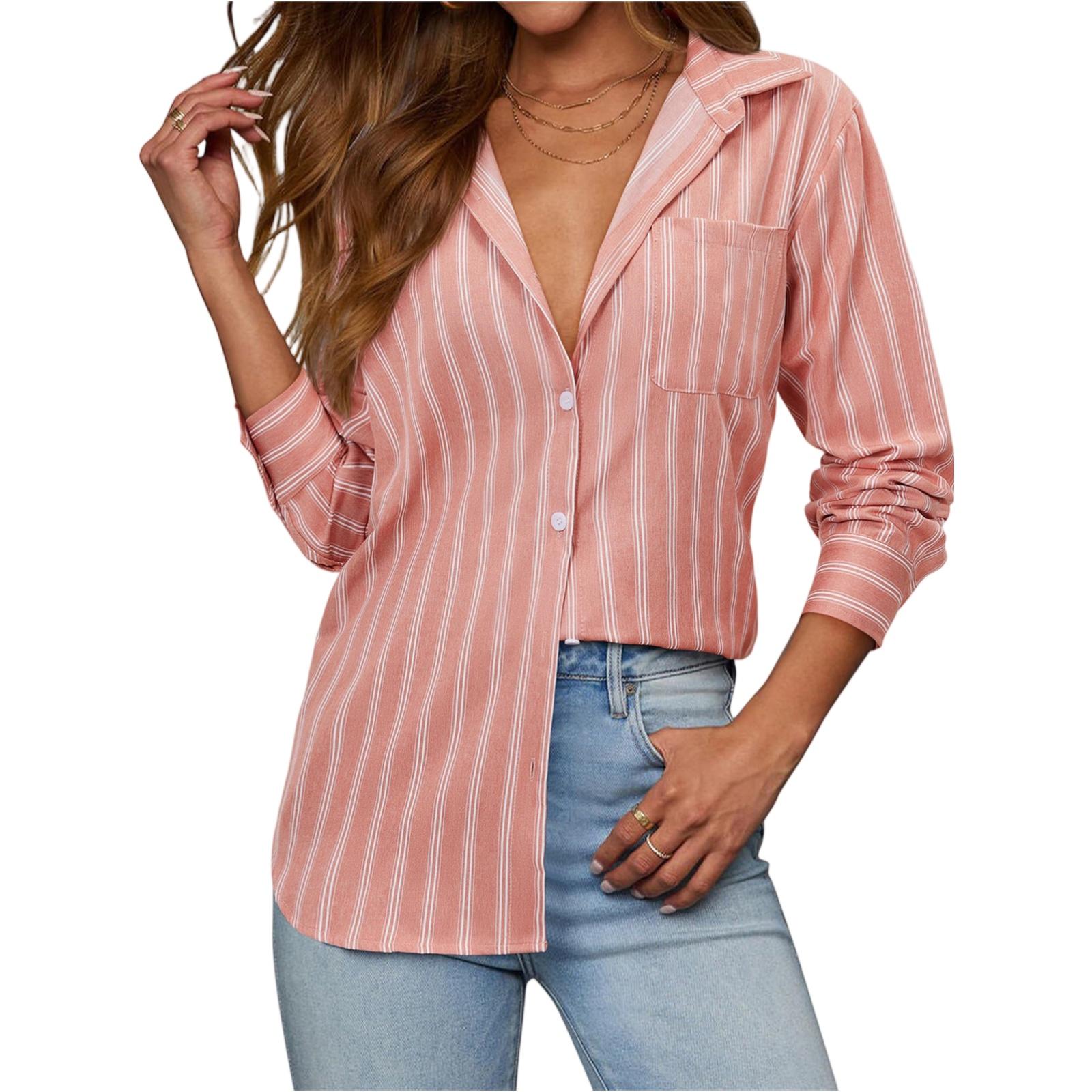 

Women s Fashion Vertical Striped Long-Sleeve Loose-Fit Shirt With Lapel Collar And Buttons L рожевий