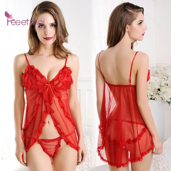 Dámské Sexy Průhledná gáza Babydoll Spodní prádlo Spánek Colthes Krajka Sexy oblečení ŠatyG-String