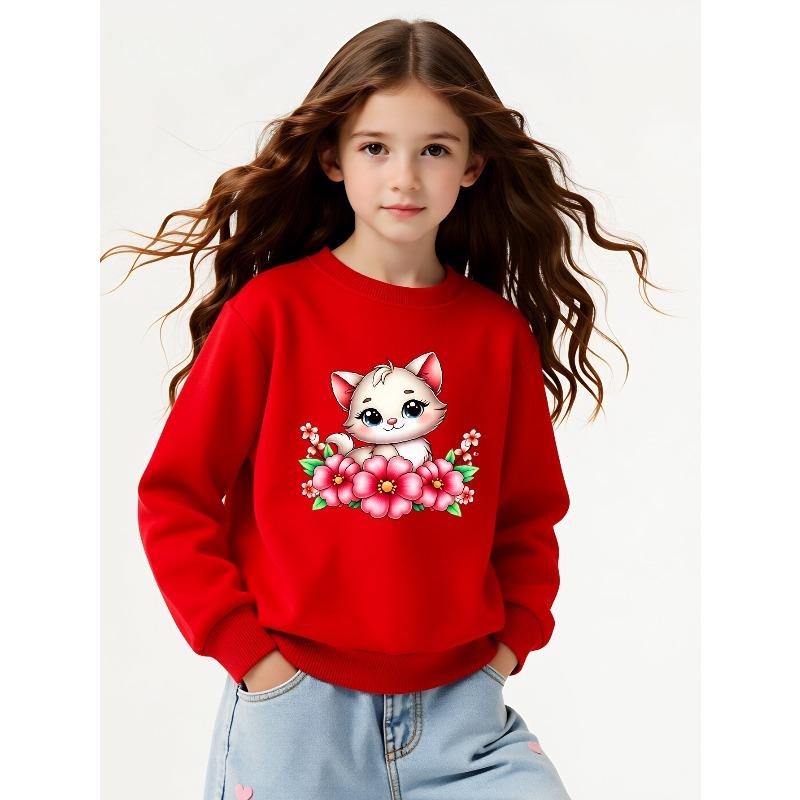 Kids Crewneck Sweatshirt, Cute Kitten with Pink Flowers Print, Soft Casual Pullover for Fall Winter