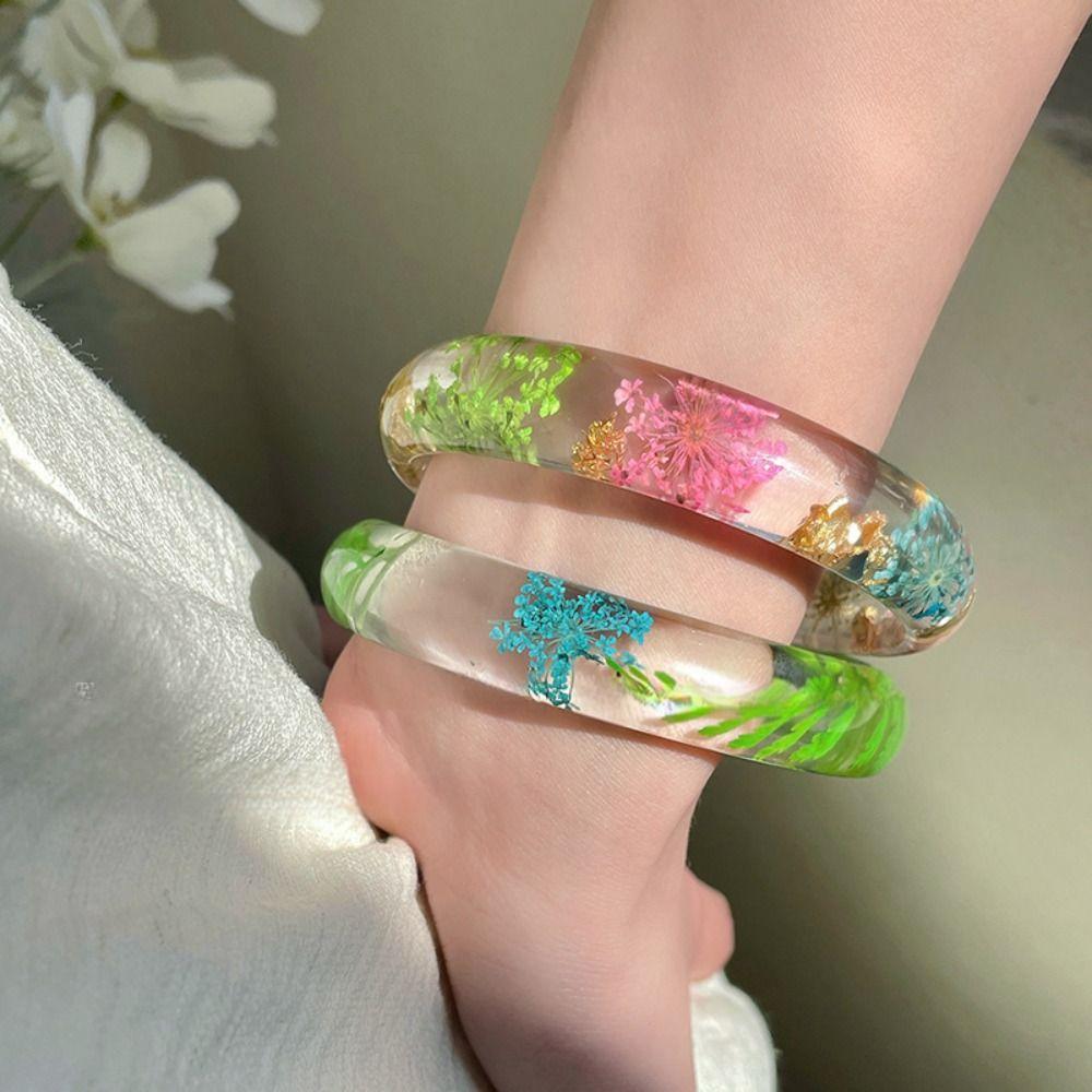 Resin Acrylic Bangle Bohemian Big Cuff Bangle Unique Natural Dried Flower Bracelet  Girls