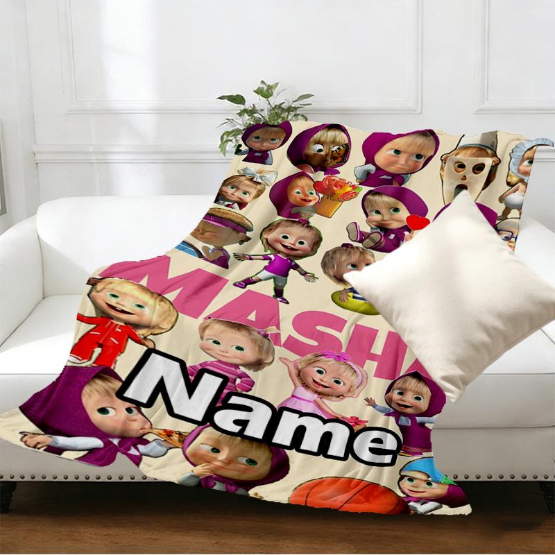 Custom Name Personalized Masha and The Bear Print Blankets, Home Decor, Bedroom, Sofa, Camping, Couch, Gifts for Birthday Christmas