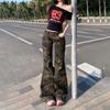 Damen Niedrige Taille Schlagjeans Lässige Camo Denim Hose Vintage Streetwear Hose