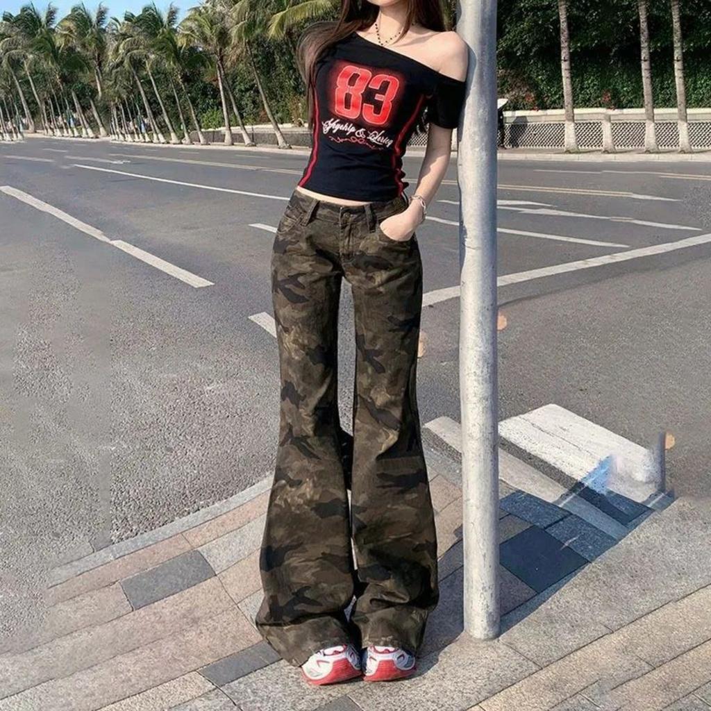 Damen Niedrige Taille Schlagjeans Lässige Camo Denim Hose Vintage Streetwear Hose