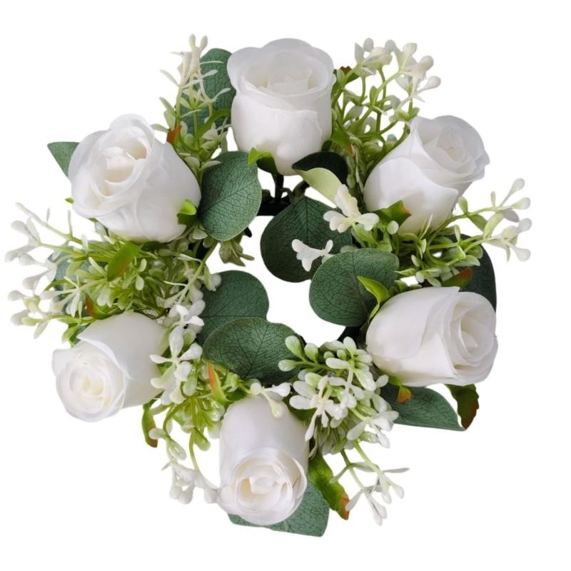 Realistic Rose Candle Wreath Table Centerpiece Floral Arrangement With Plastic and Silk Materials for Dining Decoration белый