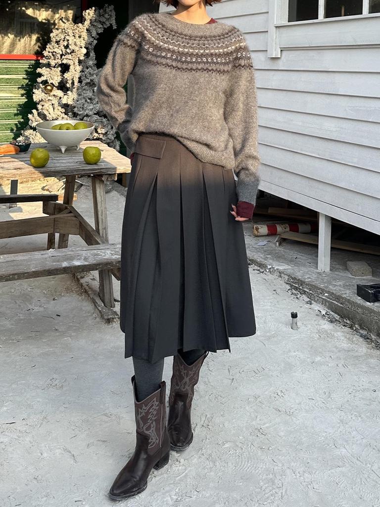 Lanmi Grey Wool-Blend Knitted A-line Pleated Midi Skirt for Women, Winter