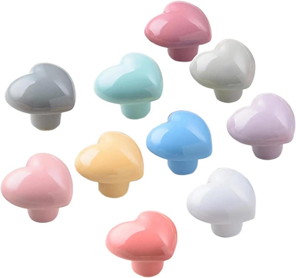 Ceramic Drawer Knobs Heart Shape Colorful Heart Cabinet Dresser Pulls Handles with 3 Sized Screws, Kitchen Furniture Knobs