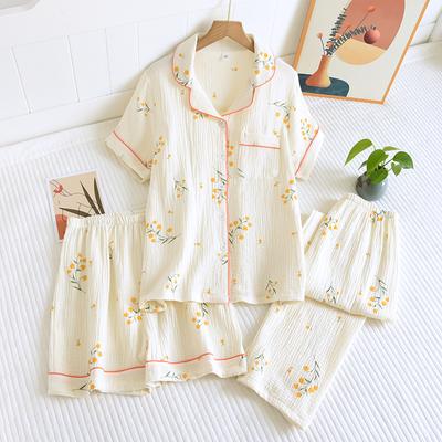 New Summer Women's Cotton Crepe Three-piece Short Sleeve + Shorts + Trousers Large Size Simple Flower Pajamas Home Service Suit