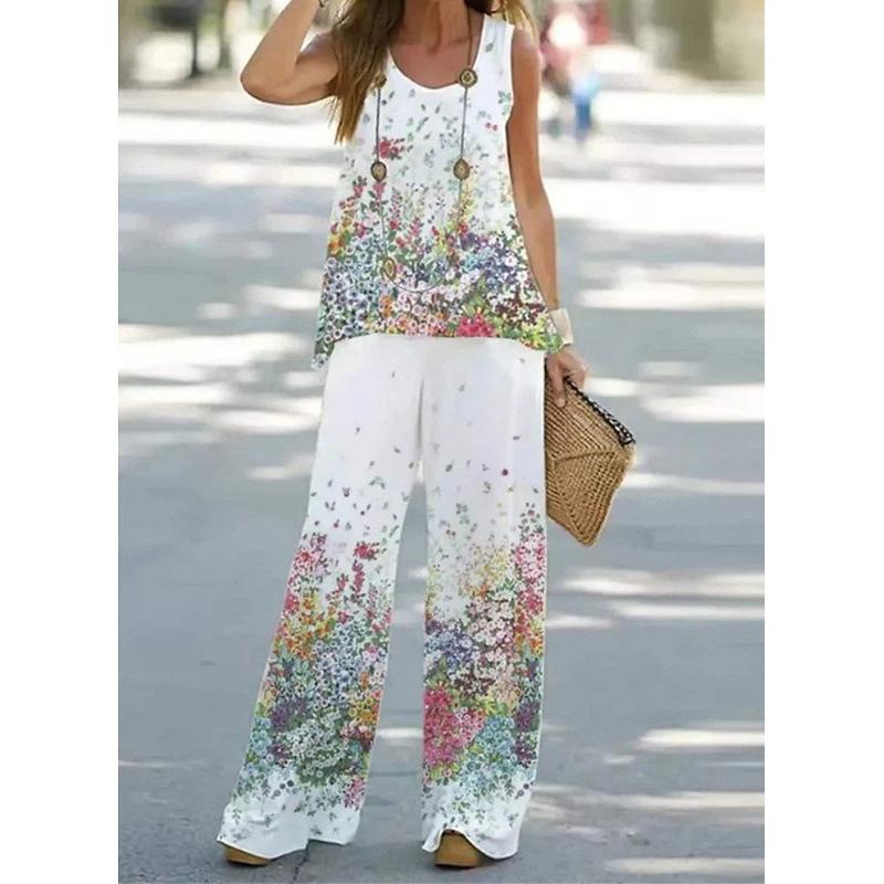 Damen-Freizeit-Zweiteiler mit Print, Weste mit elastischer Taille und Hose, Damenanzug.