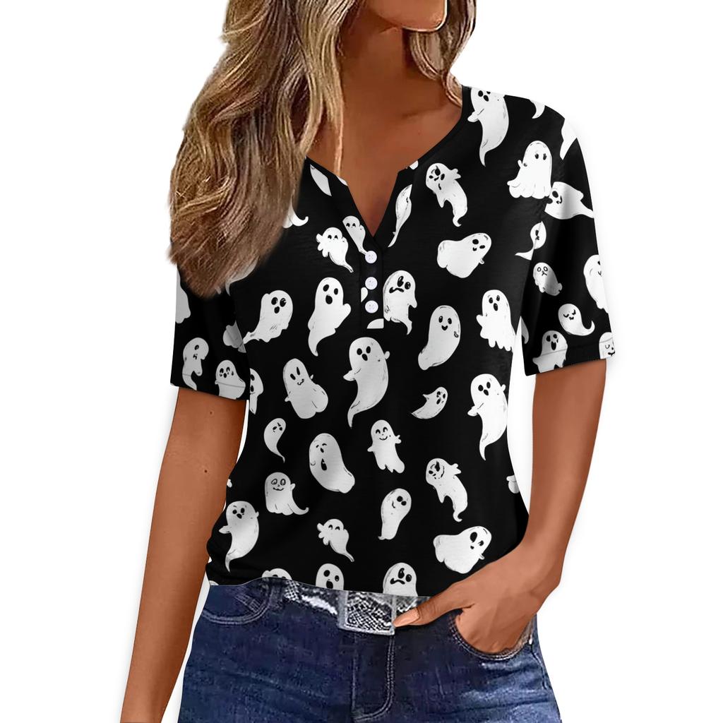 Women V Neck Short Sleeve Button Decor Top with Halloween Print Casual Loose Fit T Shirt for Daily Wear