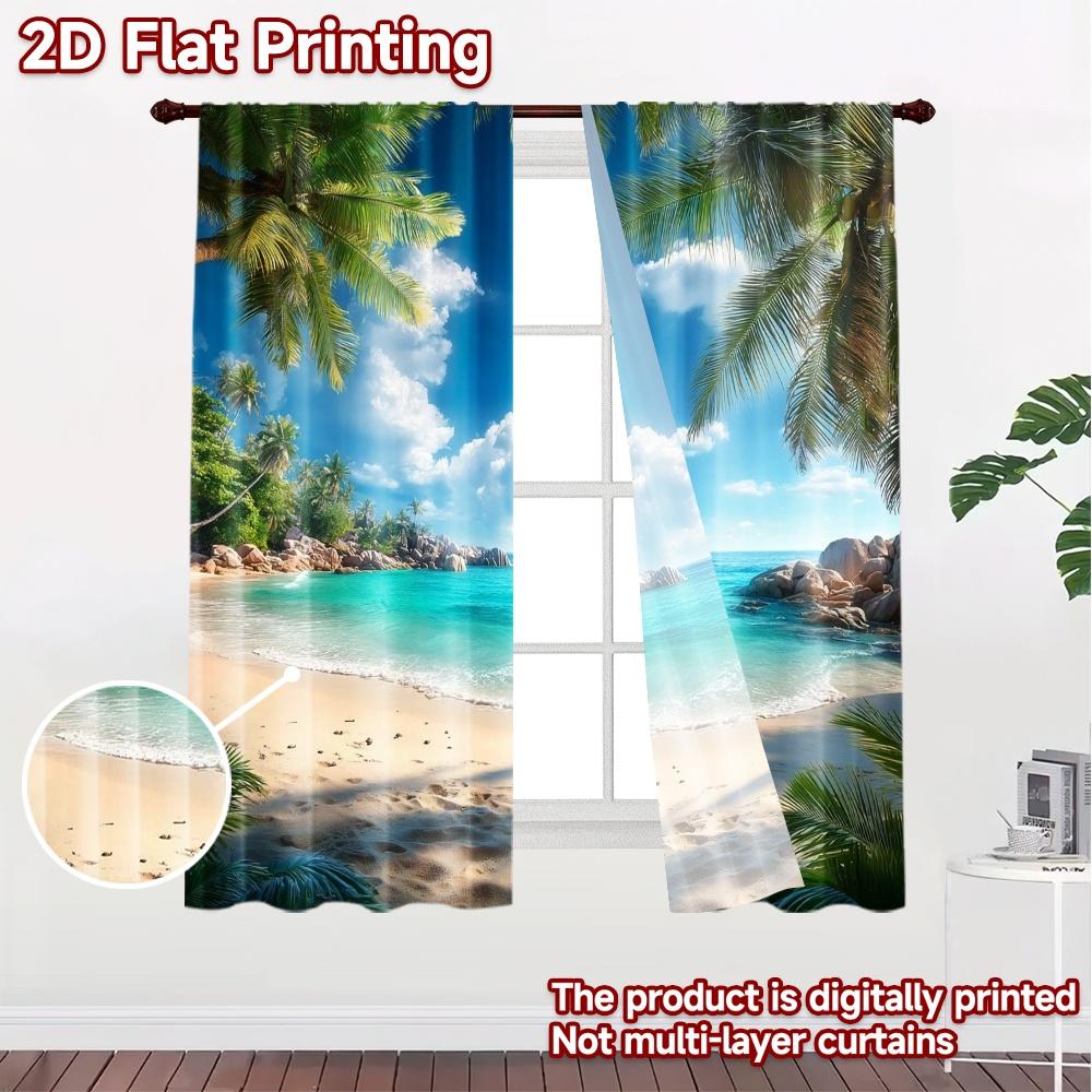 2Pcs Polyester Tropical Beach Paradise Printing Window Curtains Birthday Party Decoration Backdrop Drapes for Living Room