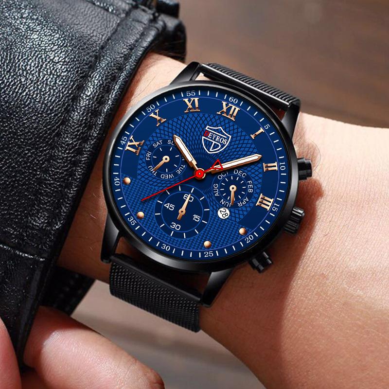 3pcs/set, 1pc Men's Luxury Business Stainless Steel Mesh Band Quartz Watch & 1pc Bracelet & 1pc Necklace with