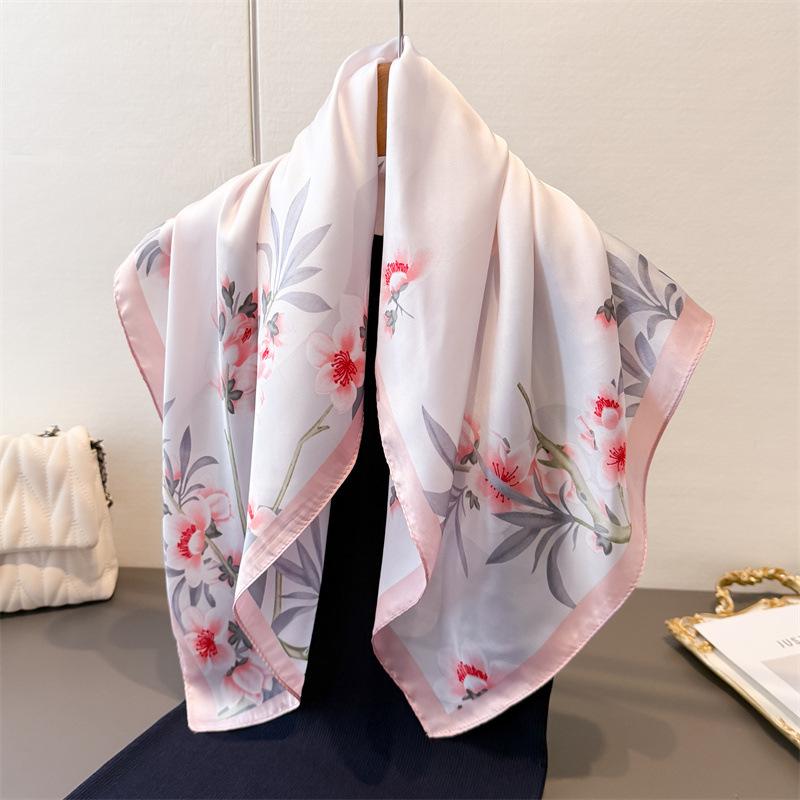 Luxury Pink Flower Print Silk Women's Scarf 70cm Square Scarves Designer Bandana Small Hijab Wrap Hairbands Foulard Shawl
