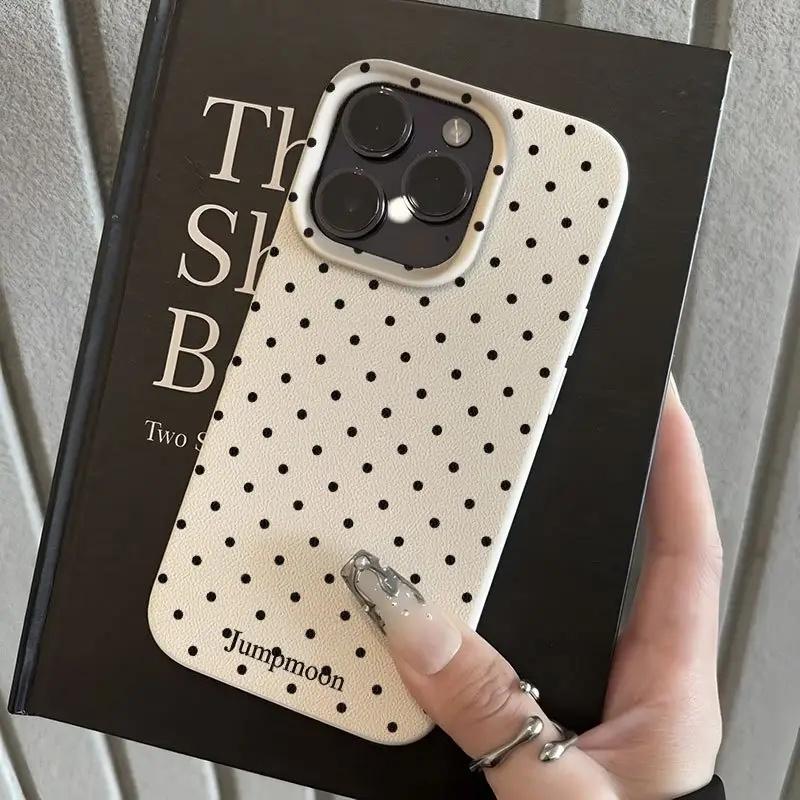 Minimalistyczny Czarny Wzór w Kropki Modny Pełne Krycie Tekstura Liczi Etui na Telefon dla iPhone 17 16 15 14 13 12 11 Pro Max Pokrowiec