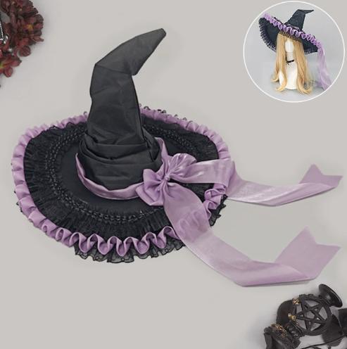 Halloween Dark Lace Witch Hat Cosplay Headpiece for Beach Conventions Subculture Semi-handmade Adjustable Character Wizard Hat