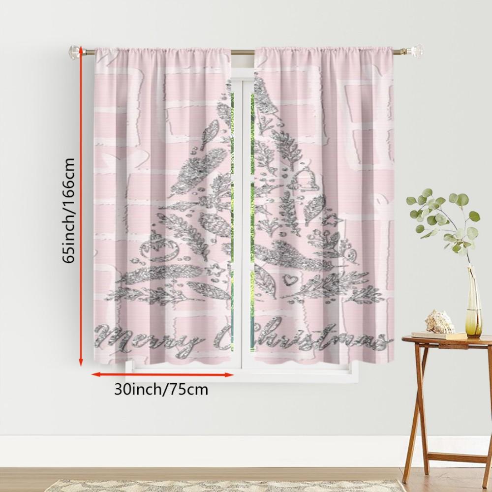 2PCS Digital Print Curtains, Pink Christmas Tree Merry Christmas Pattern, Cute Festive Style for Xmas Holiday Home Decor