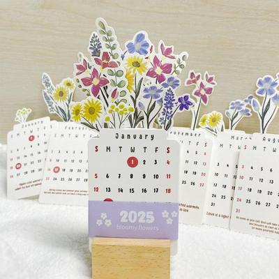 Calendar 2025 Bloomy Flower Desk Calendar Creative Wooden Card Calendar Creative Desktop Calendar Illustrator Decorate Supplies