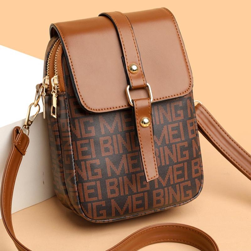 Women’s Crossbody Phone Bag, PU Leather Small Shoulder Purse with Flap & Zipper, Vintage Letter Print Mini Bag