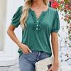 Frühling Sommer T-Shirts Einfarbig Damen Top Mode V-Ausschnitt Knopf Holzohrkante Kurzarm T-Shirt
