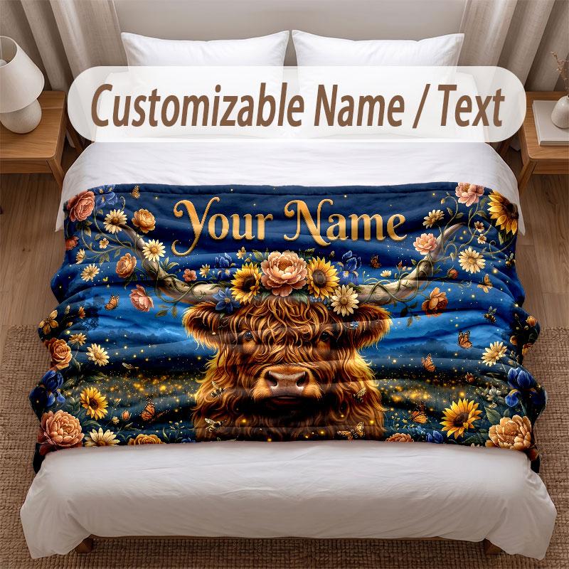 Highland Cow Theme Soft Blanket Personalized Custom Name Text Print Warm Blanket Home Sofa Bedroom Decor