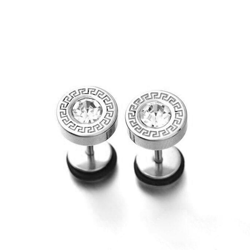 Retro Round Disc with Han Chang Pattern Set with Diamonds Titanium Steel Stud Earrings for Men, Stainless Steel, Threaded and Screw-on Design