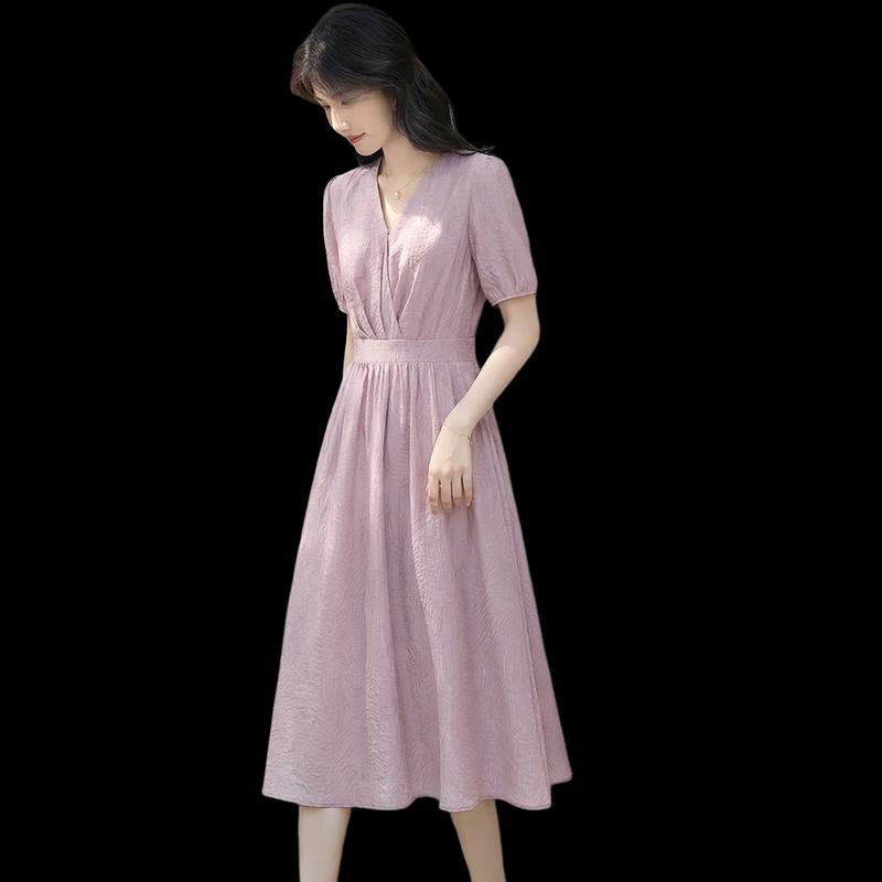 Women's Lyocell V-neck Short Sleeve A-line Midi Dress