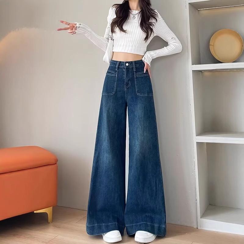 

Women s High-Waisted Dark Blue Wide-Leg Jeans for Spring-Summer 2025 3XL