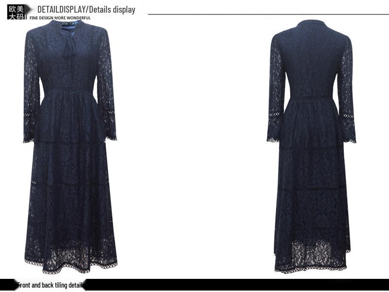 Brand Plus Size Women's Spring 2025 Lace Patchwork Dress for Middle-Aged European and American Styles.