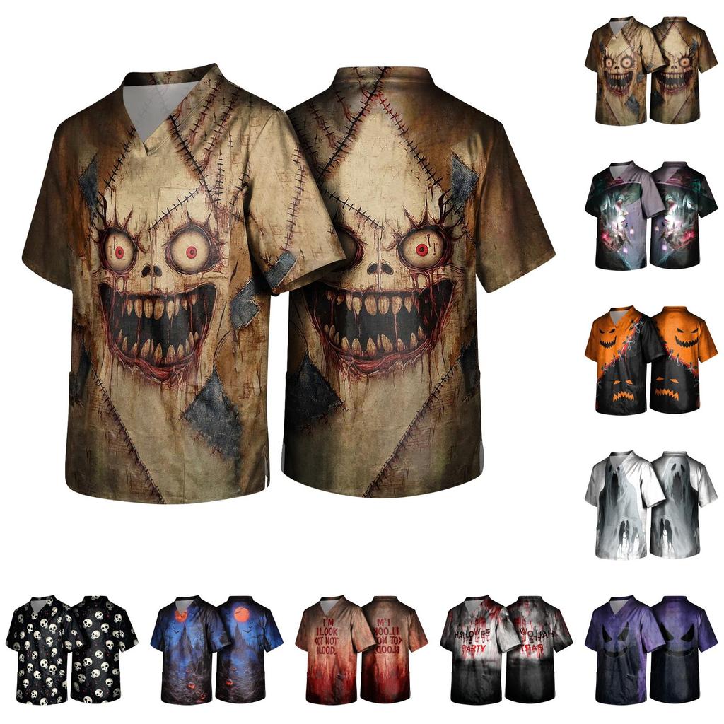 Herren Halloween Print V-Ausschnitt Kasack Kurzarm Medizinische Arbeitskleidung mit Tasche Leicht Bequem Passend für medizinisches Fachpersonal