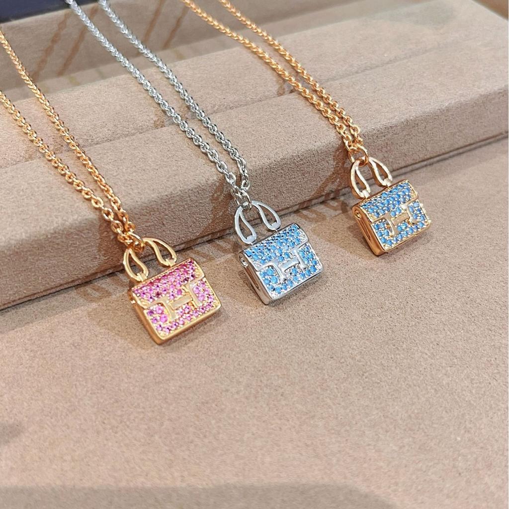 Full Diamond H Letter Bag Necklace Female Real Gold Electroplating High Version Light Luxury Simple Versatile Collarbone Chain Exquisite