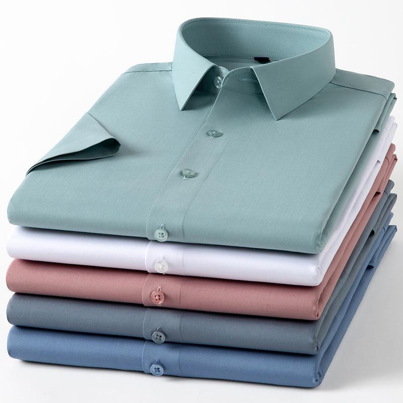 Men'S Mulberry Silk Short-Sleeved Shirt Summer Half-Sleeved Solid Color Square Collar Pocket-Free Business Casual Shirt
