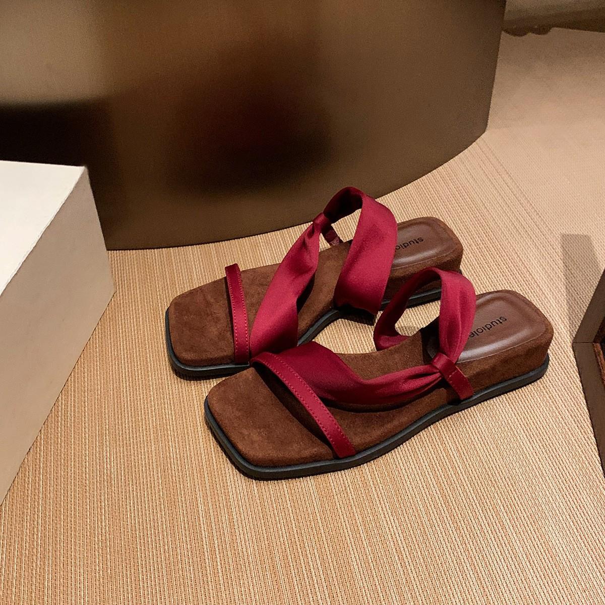 

Sheepskin~ Grape mother height increase 4cm temperament square head wrap with sandals slope heel thick-soled slippers women s summer wear sandals 34