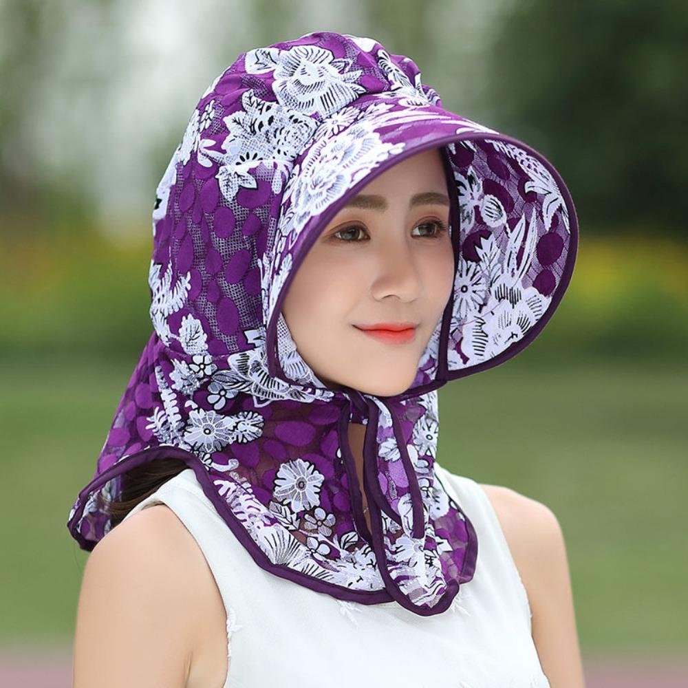 Sunscreen Women Sun Hat Neck Guard Print Floral Sunscreen Hat Portable Picking Tea Hat  Outdoor фиолетовый