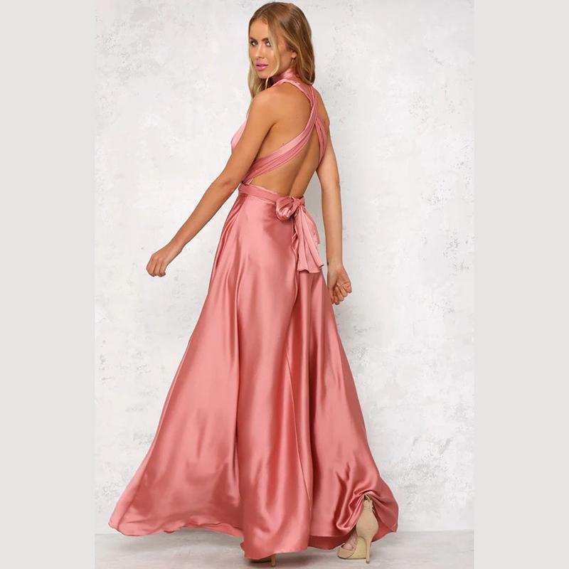 Women Summer Strap V Neck Backless Bandage Satin Solid Color Big Hem One Piece Dress