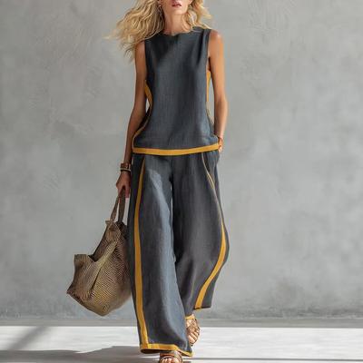 Elegant O-neck Sleeveless Pullover & Long Pant Suit Women Casual Pocket Loose 2Pc Sets Fashion Contrasting Colors Summer Outfits