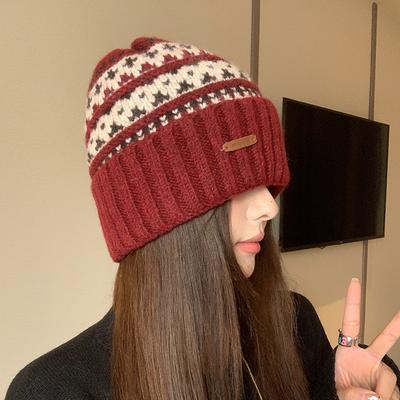 Knitted Hat Women's Woolen Hat Retro Jacquard Autumn and Winter Christmas Atmosphere Warm Ear Protective Hood