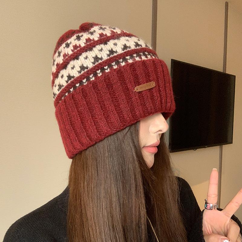 Knitted Hat Women's Woolen Hat Retro Jacquard Autumn and Winter Christmas Atmosphere Warm Ear Protective Hood